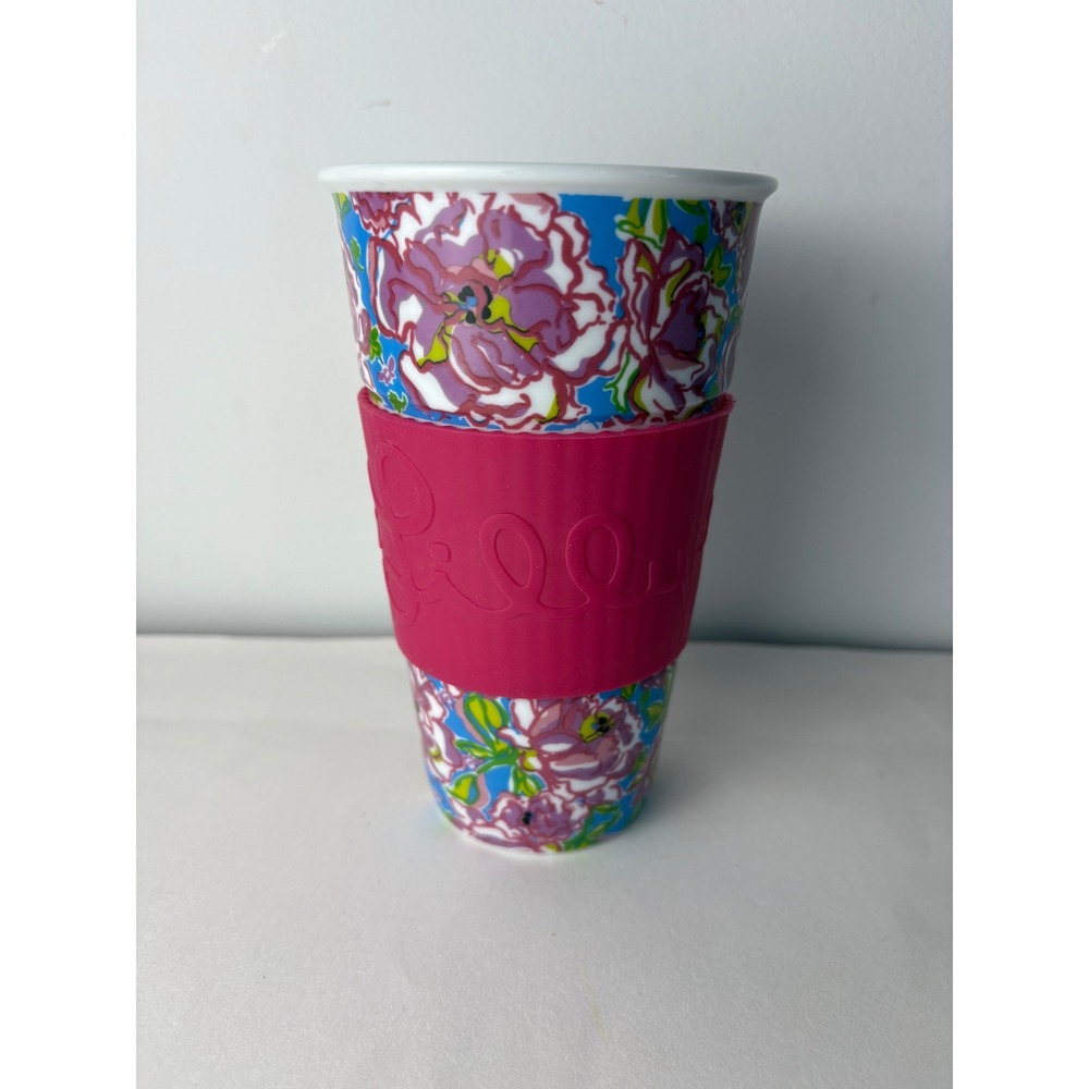 Lilly‎ Pulitzer Floral Ceramic Travel Tumbler Pink Silicone Sleeve 6 Inch Mug